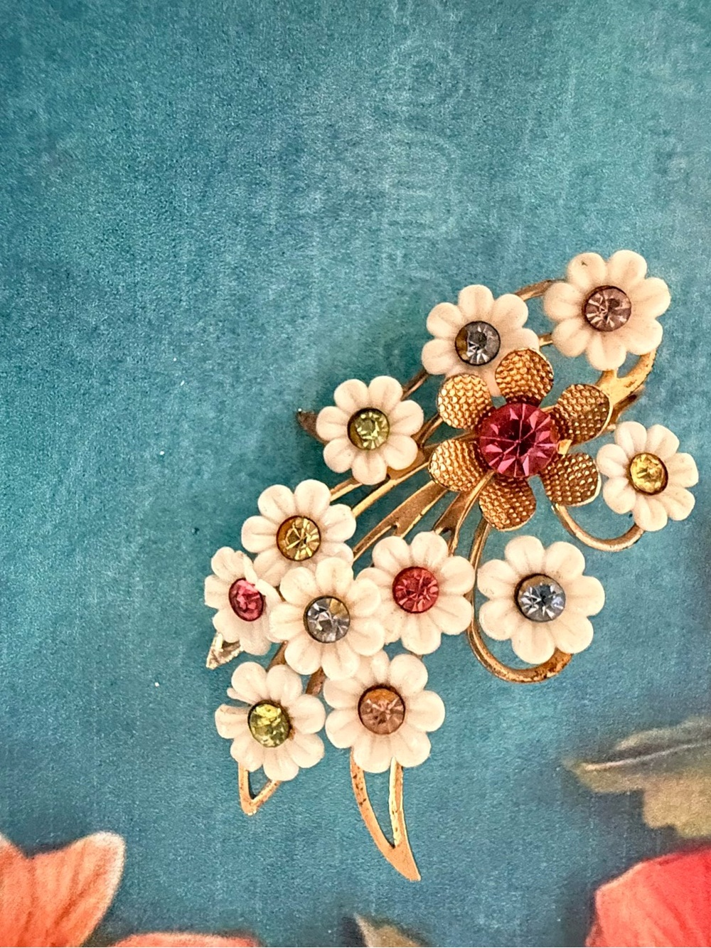 Vintage Floral Crystal Flower Brooch - White and Multicolor. Pendant.
